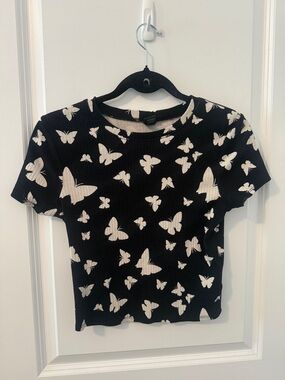 wild fable Black Ribbed Crop Top with White Butterfly Print